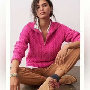Anthropologie Payton Cable-Knit Pullover Quarter Zip Pink Sweater Size Large